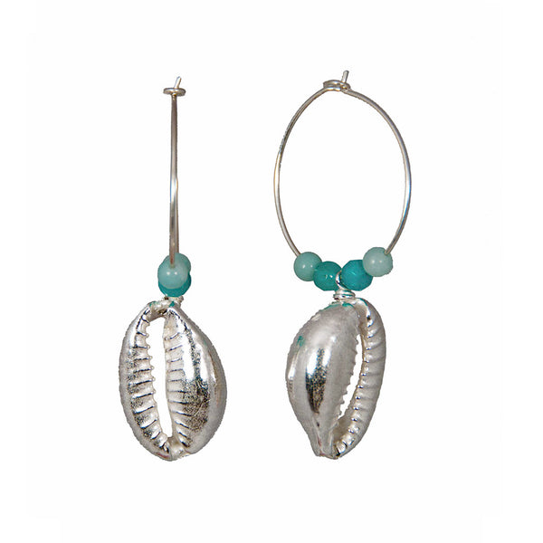 One Up, One Down Cowrie Hoops with Amazonite