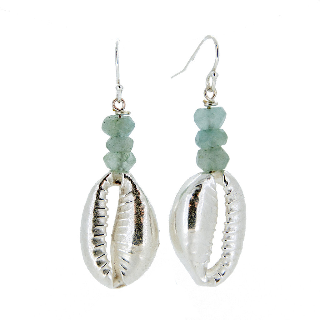 Cowrie Earrings with Aqua Beads